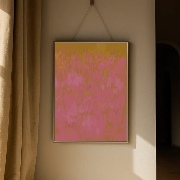 Kunstdruck „Botanical Garden 121“ – Blütenfeld in Pink und Goldgelb. Farbstarkes Poster für lebendige Wanddeko in der Schweiz.