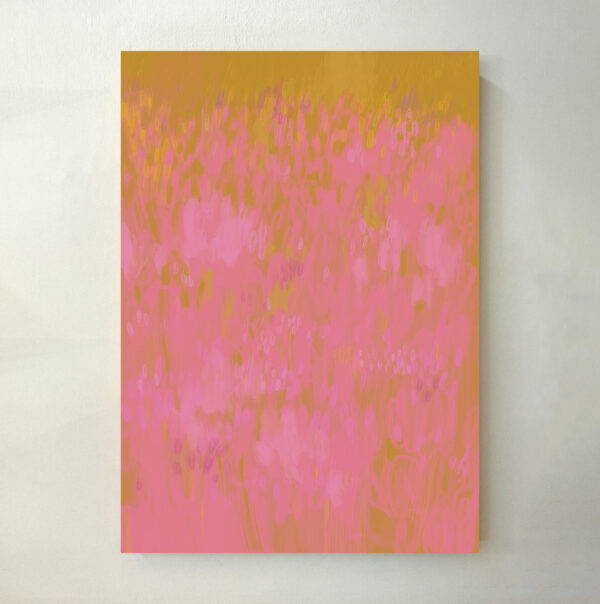 Kunstdruck „Botanical Garden 121“ – Blütenfeld in Pink und Goldgelb. Farbstarkes Poster für lebendige Wanddeko in der Schweiz.
