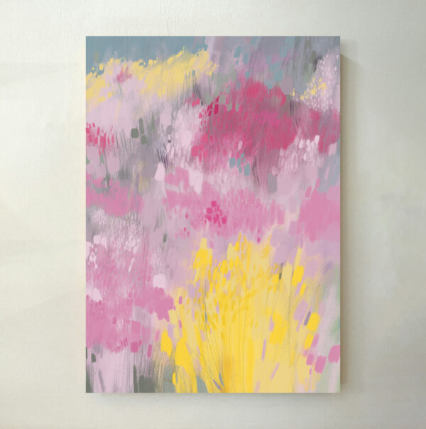 Kunstdruck „Botanical Garden 23“ – Blumenfeld in Rosa, Pink und Gelb. Frisches Poster für stilvolle Wanddeko in der Schweiz.