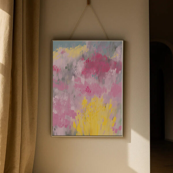 Kunstdruck „Botanical Garden 23“ – Blumenfeld in Rosa, Pink und Gelb. Frisches Poster für stilvolle Wanddeko in der Schweiz.