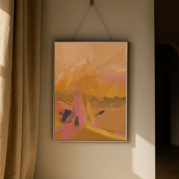 Kunstdruck „Mürren Schweiz 17“ – Berglandschaft in Gold-, Orange- und Rosatönen. Warmes Poster für alpine Wanddeko in der Schweiz.