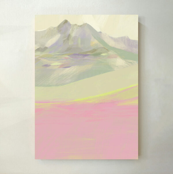 Kunstdruck „Mürren Schweiz 89“ – Alpenlandschaft in Beige, Rosa und Violett. Elegantes Poster für alpine Wanddeko in der Schweiz.