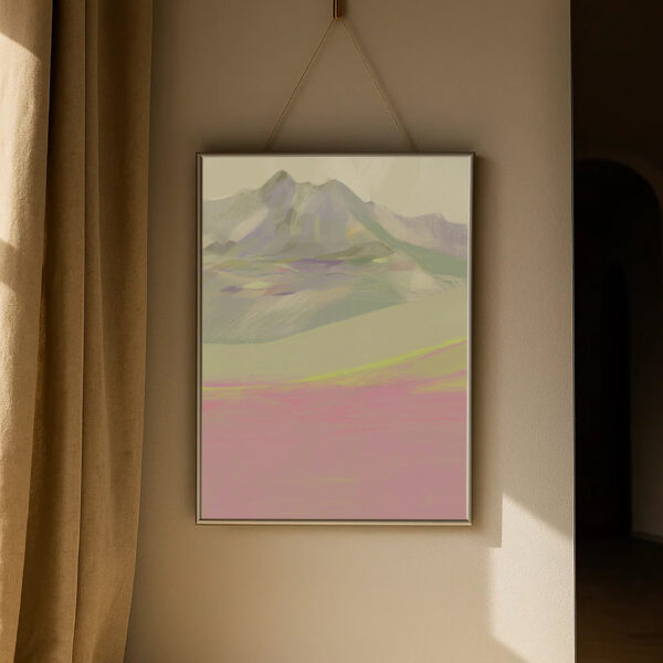 Kunstdruck „Mürren Schweiz 89“ – Alpenlandschaft in Beige, Rosa und Violett. Elegantes Poster für alpine Wanddeko in der Schweiz.