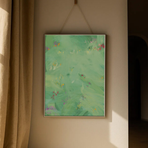 Kunstdruck „Wiese 78“ – Sommerwiese in Grün mit bunten Akzenten. Frisches Poster für natürliche Wanddeko in der Schweiz.