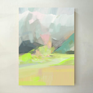 Kunstdruck „Mürren Schweiz“ – abstrakte Alpenlandschaft in Pastell- und Grüntönen. Poster für stilvolle Wanddeko in der Schweiz.