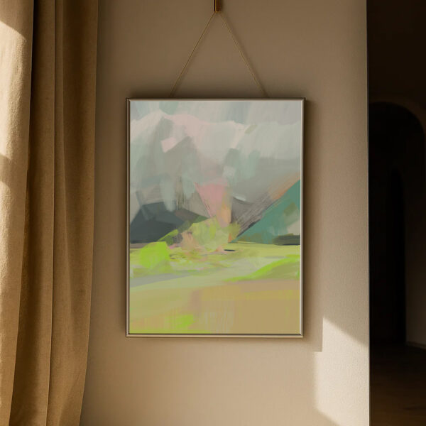 Kunstdruck „Mürren Schweiz“ – abstrakte Alpenlandschaft in Pastell- und Grüntönen. Poster für stilvolle Wanddeko in der Schweiz.